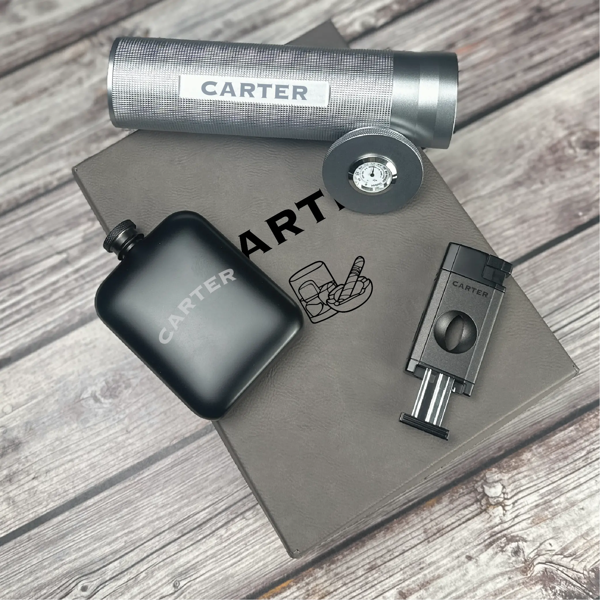 Luxury Personalized Humidor, Flask & Lighter Cigar Set