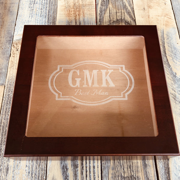 Personalized cedar cigar humidor with engraved glass top, a thoughtful gift for the cigar enthusiast who takes their collection seriously