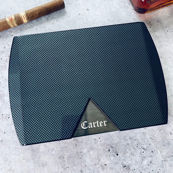 Carbon fiber personalized cigar humidor with digital hygrometer display, an ideal storage solution for maintaining proper humidity levels for cigars