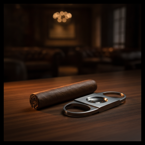 Premium hand-rolled cigar beside a stainless steel double-guillotine cutter on dark walnut in a warm cigar lounge, showing how to cut a cigar.