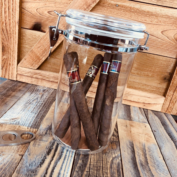 Glass humidor jar holding cigars upright with sealed lid for humidity-controlled storage without a traditional wooden humidor