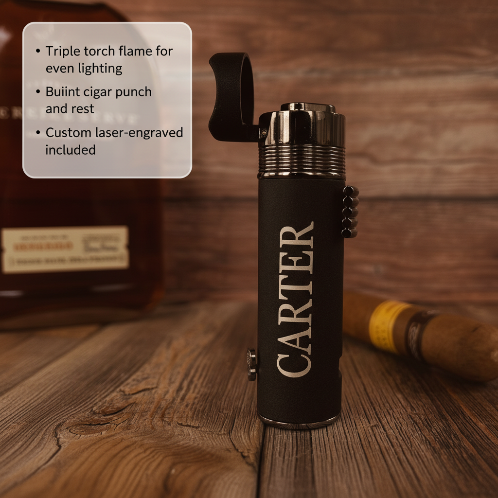 Personalized Triple Torch Cigar Lighter with Punch & Rest