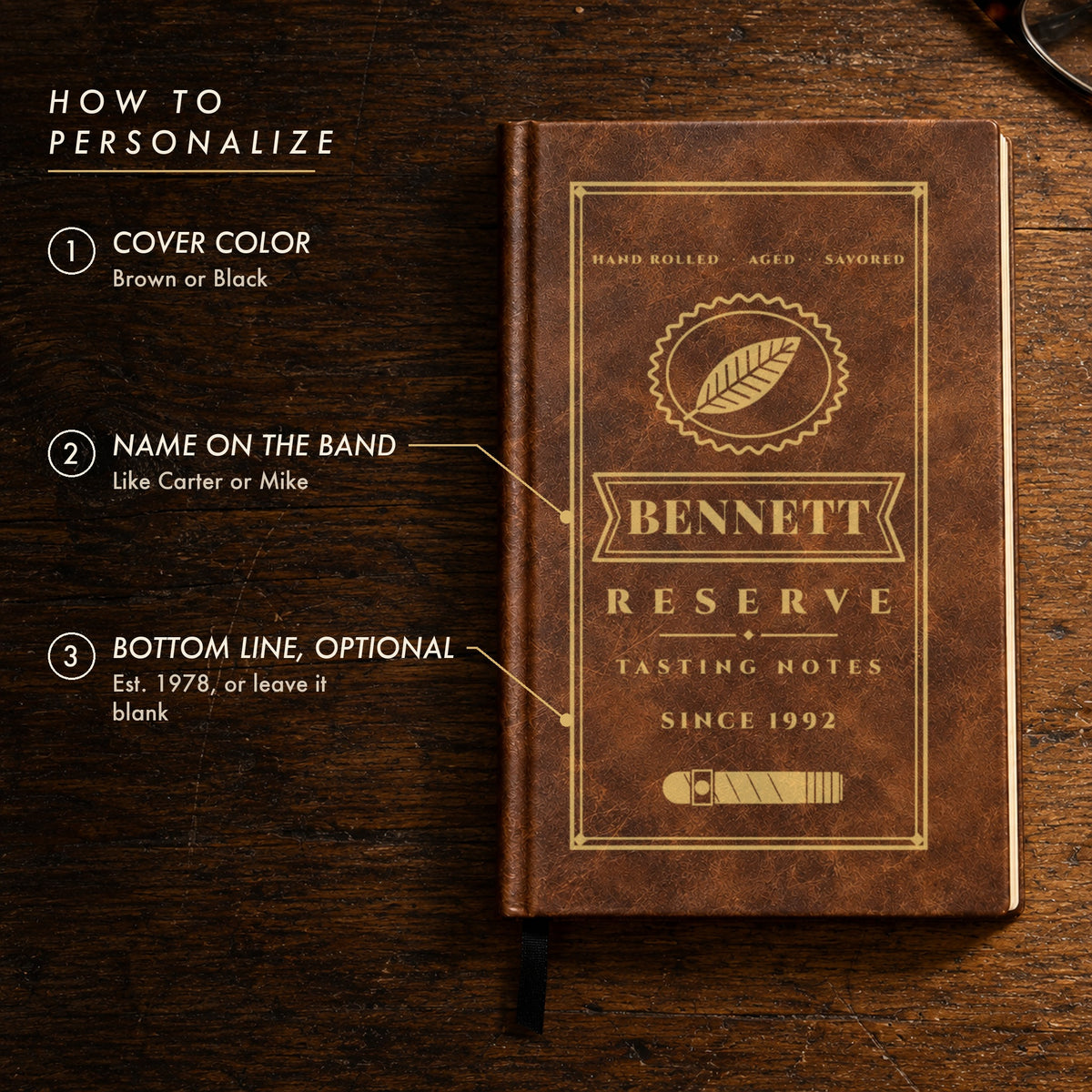 How to personalize the cigar journal: choose brown or black, type his name for the cigar band and an optional bottom line, shown for Bennett