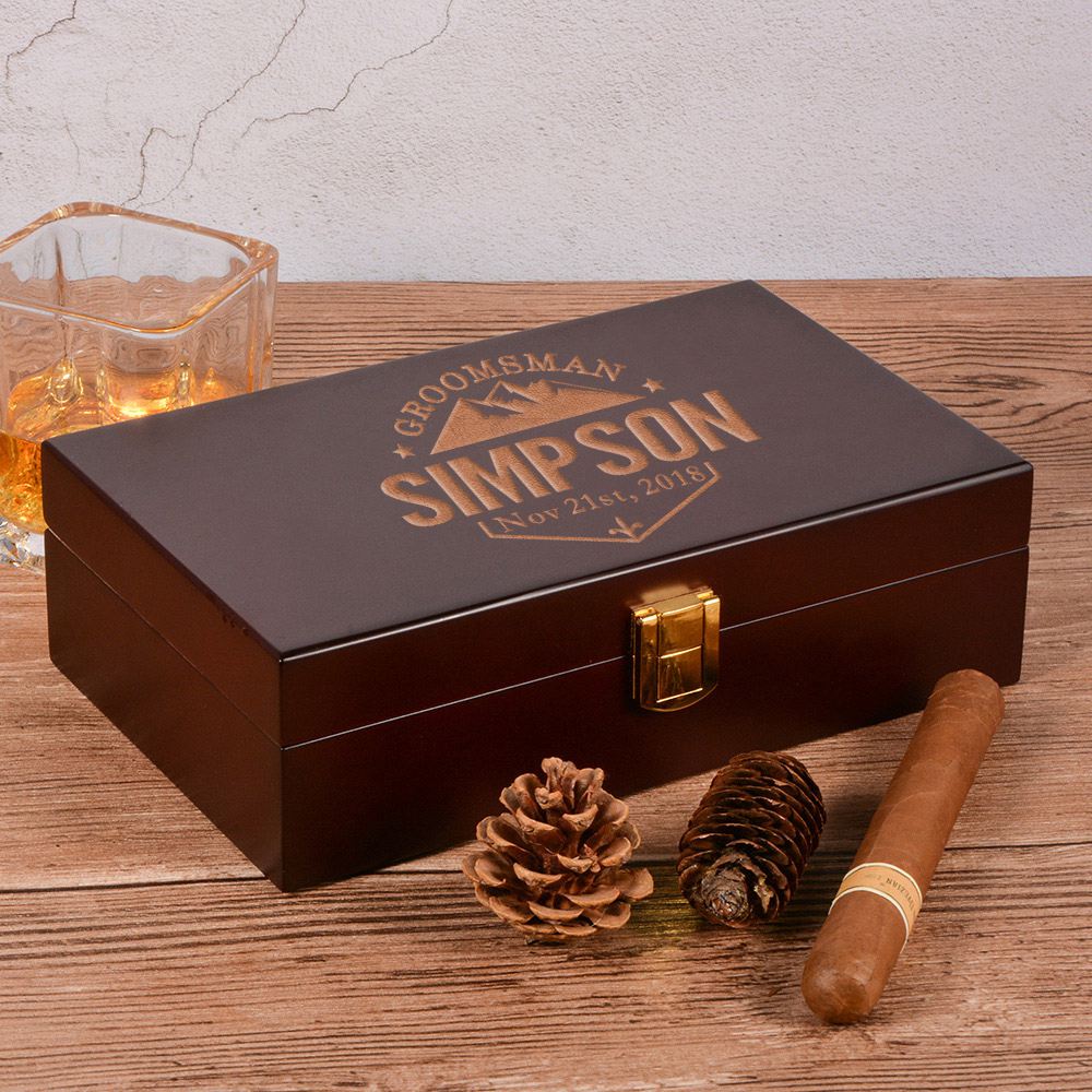 Groomsmen Cigar Box Set with Cigar Holder, Lighter, Cutter, and Flask -  Groovy Groomsmen Gifts