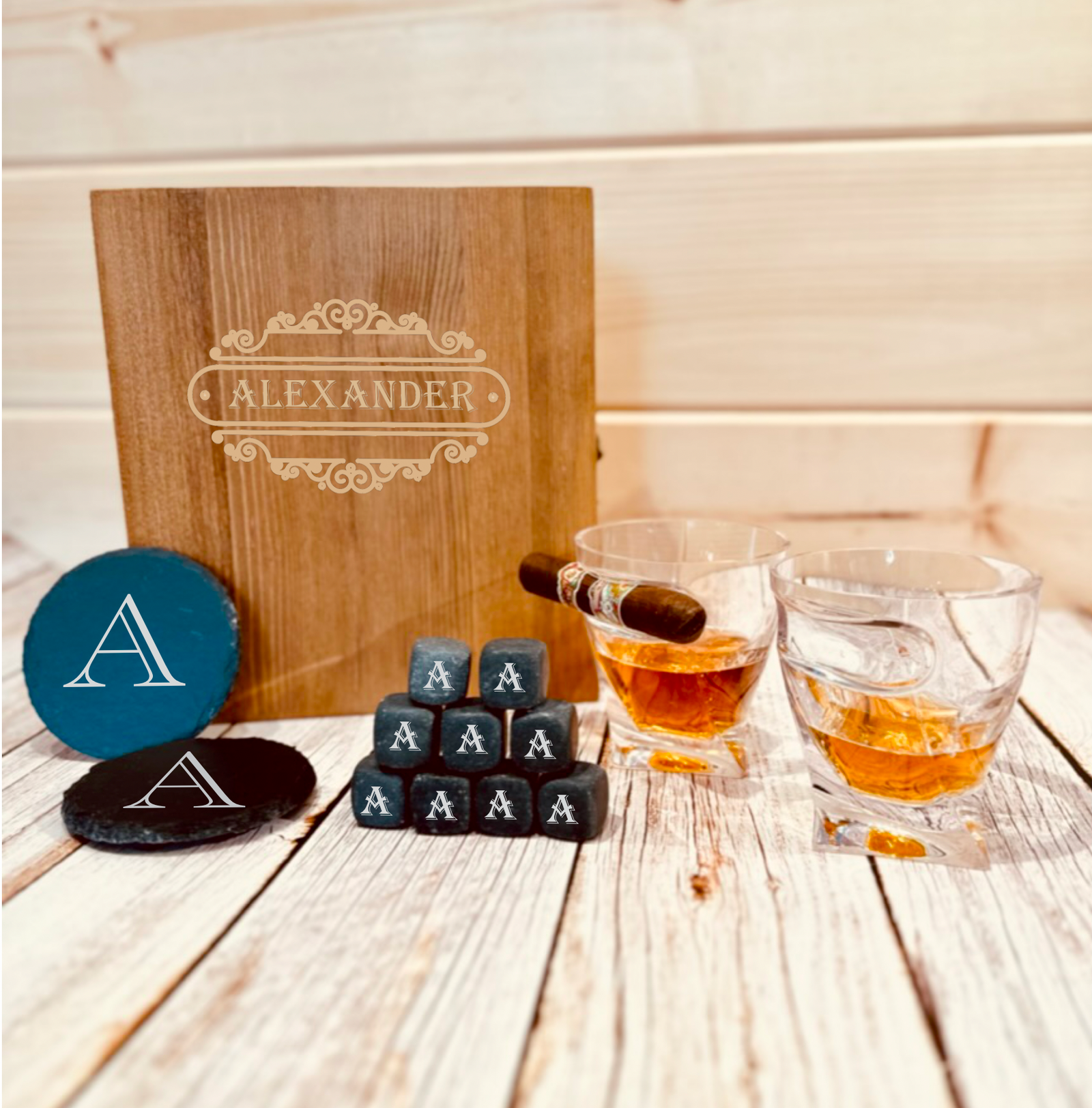 Personalized Cigar Holder Whiskey Glass With Personalized Coaster