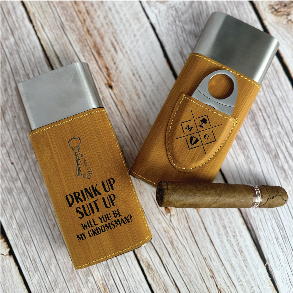 Groomsmen Cigar Box Set with Cigar Holder, Lighter, Cutter, and Flask -  Groovy Groomsmen Gifts